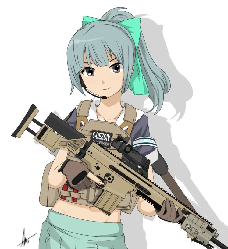 Yuubari (KanColle), Kantai Collection, Assault rifle, FN SCAR L, Anime girls HD Wallpaper Desktop Background