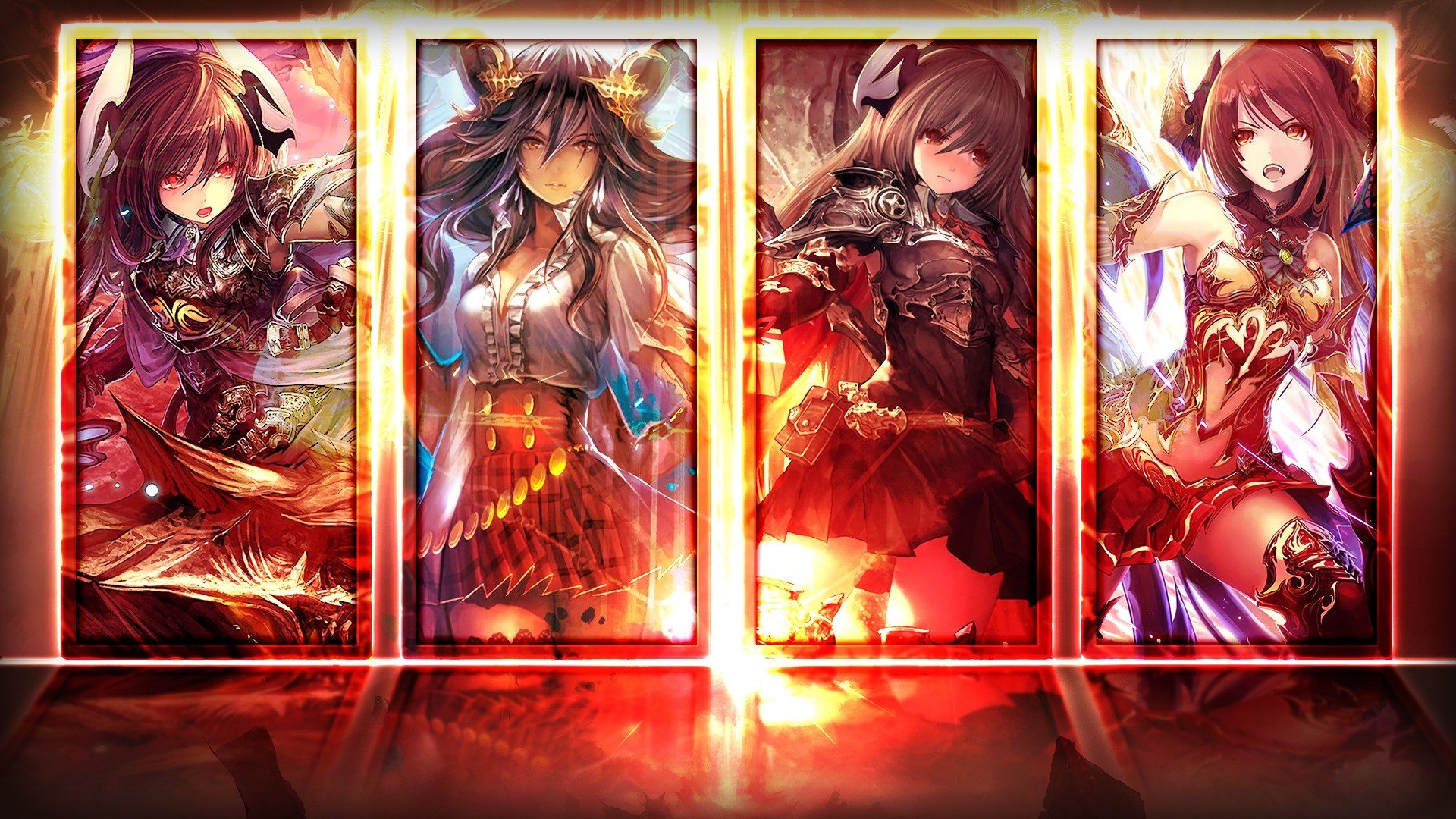 Long Hair Brunette Red Eyes Open Mouth Anime Anime Girls Shadowverse Thigh Highs Red Skirt Red Skirt Detached Sleeves Short Skirt Sunset Dress Armor Collage Wallpapers Hd Desktop And Mobile Backgrounds