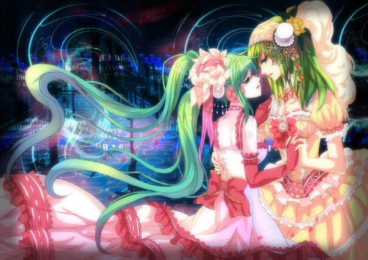 green hair, Vocaloid, Megpoid Gumi, Hatsune Miku, Twintails HD Wallpaper Desktop Background