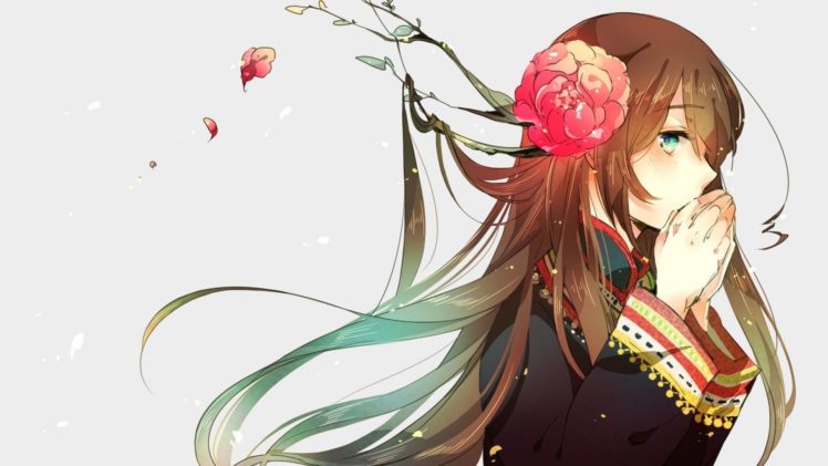 long hair, Brunette, Blue eyes, Anime, Anime girls, Simple background, Hair ornament HD Wallpaper Desktop Background