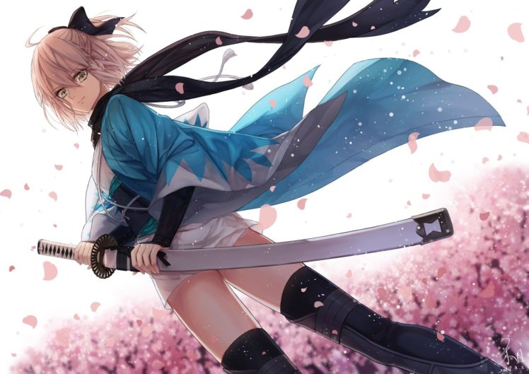 Fate Grand Order, Saber, Sakura Saber, Black Scarf, Sword, Japanese kimono,  Black Ribbon Wallpapers HD / Desktop and Mobile Backgrounds