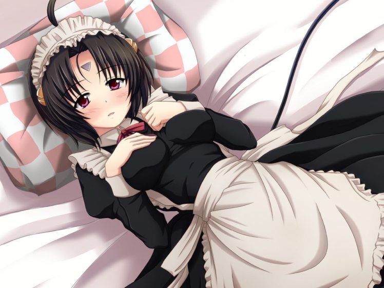 red eyes, Maid outfit, Black hair, Anime HD Wallpaper Desktop Background