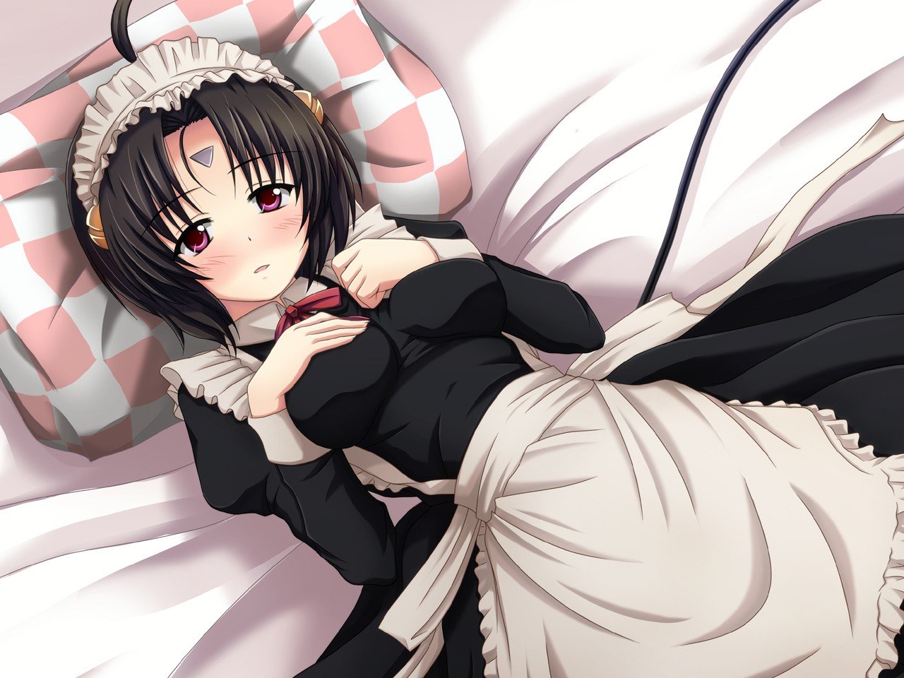 red eyes, Maid outfit, Black hair, Anime Wallpaper