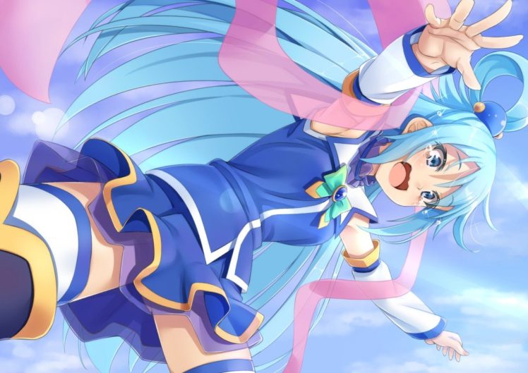 Aqua (character), Blue hair, Blue eyes, Kono Subarashii Sekai ni Shukufuku wo!, Blue clothes, Thigh highs HD Wallpaper Desktop Background
