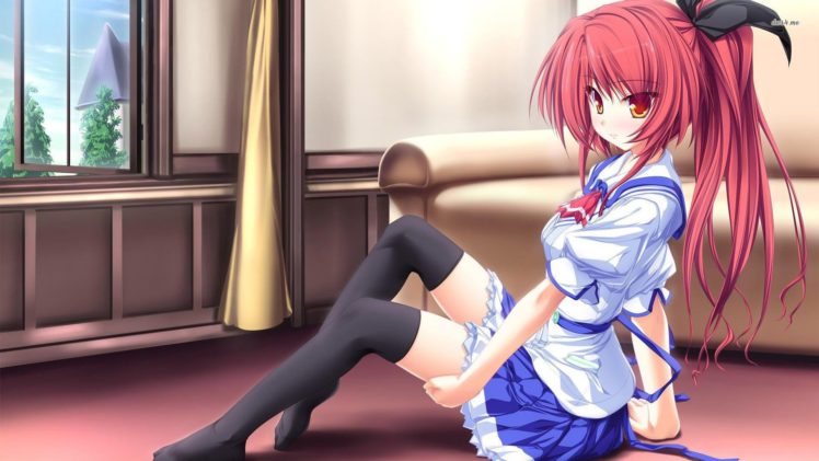 redhead, Long hair, Red eyes, Anime, Anime girls, Hair ornament, Thigh highs, Skirt HD Wallpaper Desktop Background