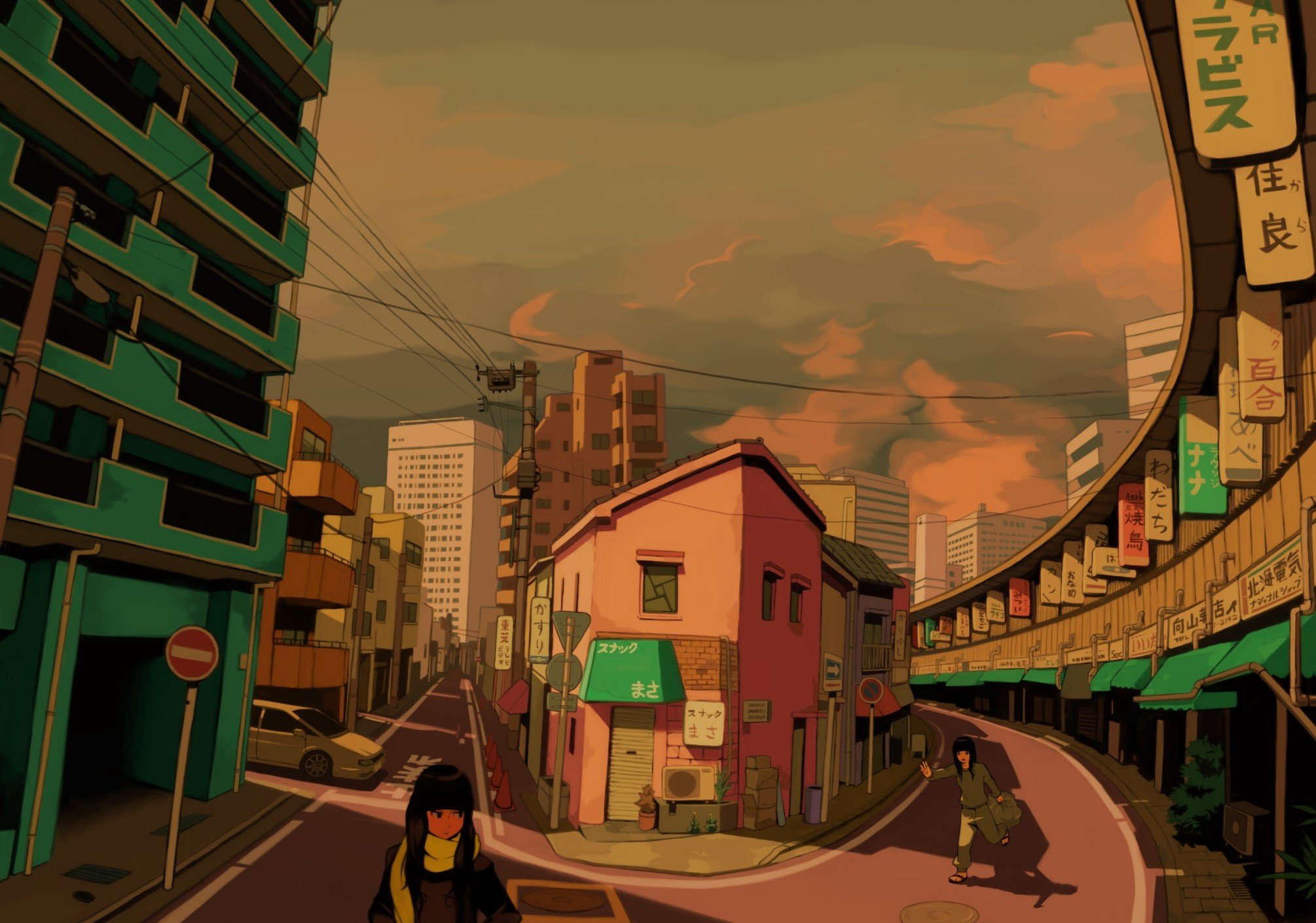 anime, Artwork, Anime girls, Sunset, Fall, Town Wallpaper