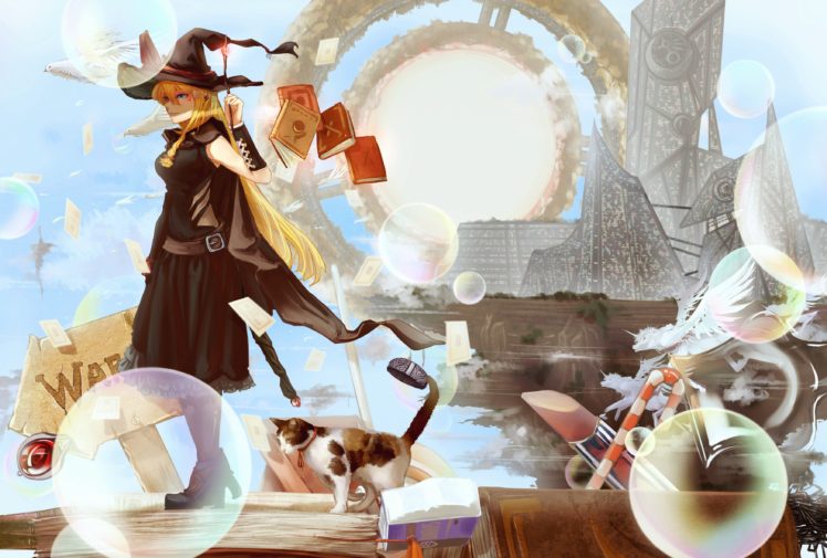 blonde, Witch, Cat, Bubbles, Wands HD Wallpaper Desktop Background