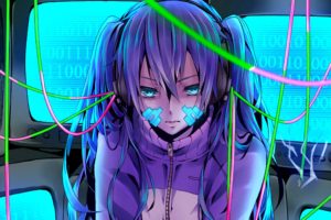purple hair, Ene Vocaloid, Vocaloid, Binary, Headphones