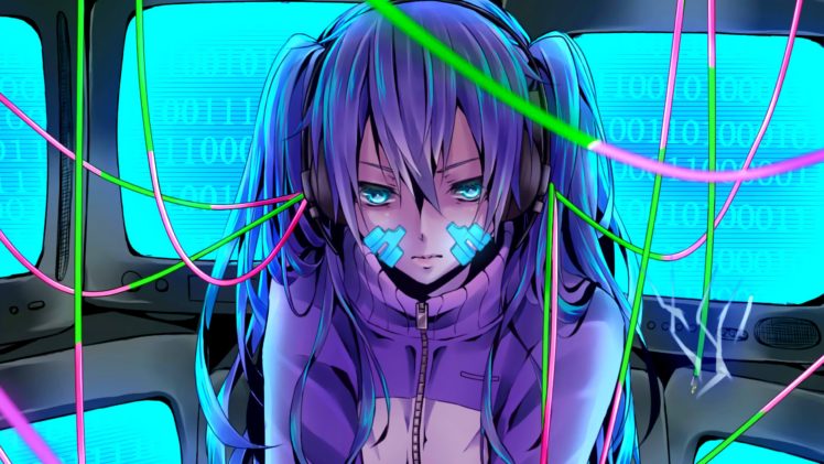 purple hair, Ene Vocaloid, Vocaloid, Binary, Headphones HD Wallpaper Desktop Background