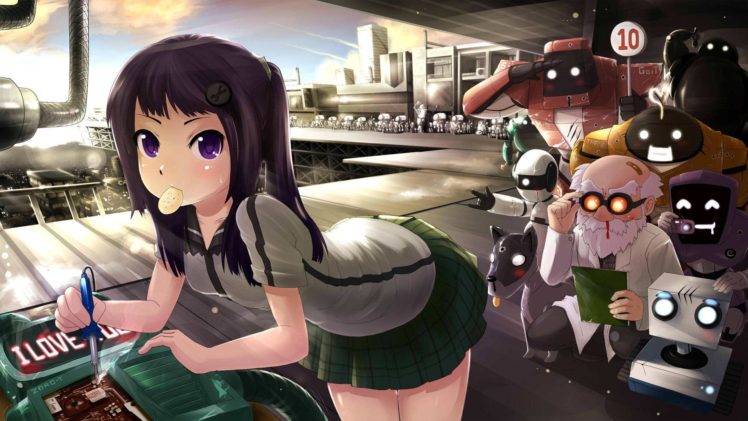 anime girls, Anime, Robot, School uniform, Machine HD Wallpaper Desktop Background