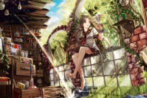 ruin, Nature, Anime girls, Books, School uniform