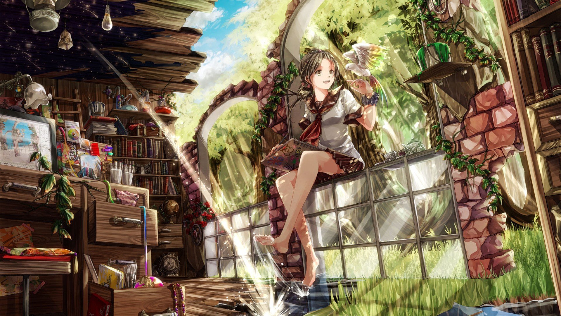 ruin, Nature, Anime girls, Books, School uniform Wallpapers HD