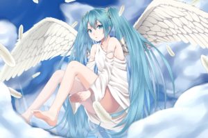blue hair, Blue eyes, Barefoot, Hatsune Miku, Vocaloid, Angel wings, Twintails, White clothing
