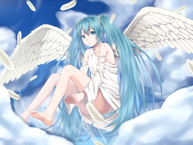blue hair, Blue eyes, Barefoot, Hatsune Miku, Vocaloid, Angel wings, Twintails, White clothing HD Wallpaper Desktop Background