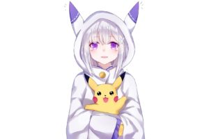 Emiria (Re:Zero), Re: Zero Kara Hajimeru Isekai Seikatsu, Pokémon, Pikachu, White background, Anime, Anime girls, Emilia (Re: Zero)