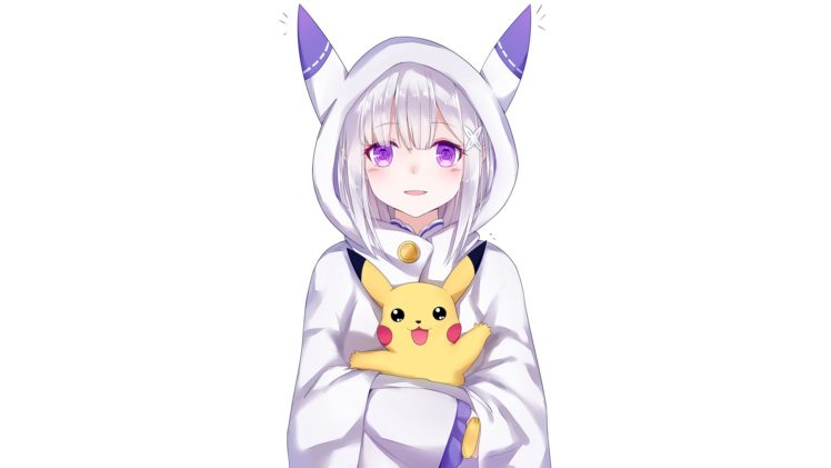 Emiria (Re:Zero), Re: Zero Kara Hajimeru Isekai Seikatsu, Pokémon, Pikachu, White background, Anime, Anime girls, Emilia (Re: Zero) HD Wallpaper Desktop Background