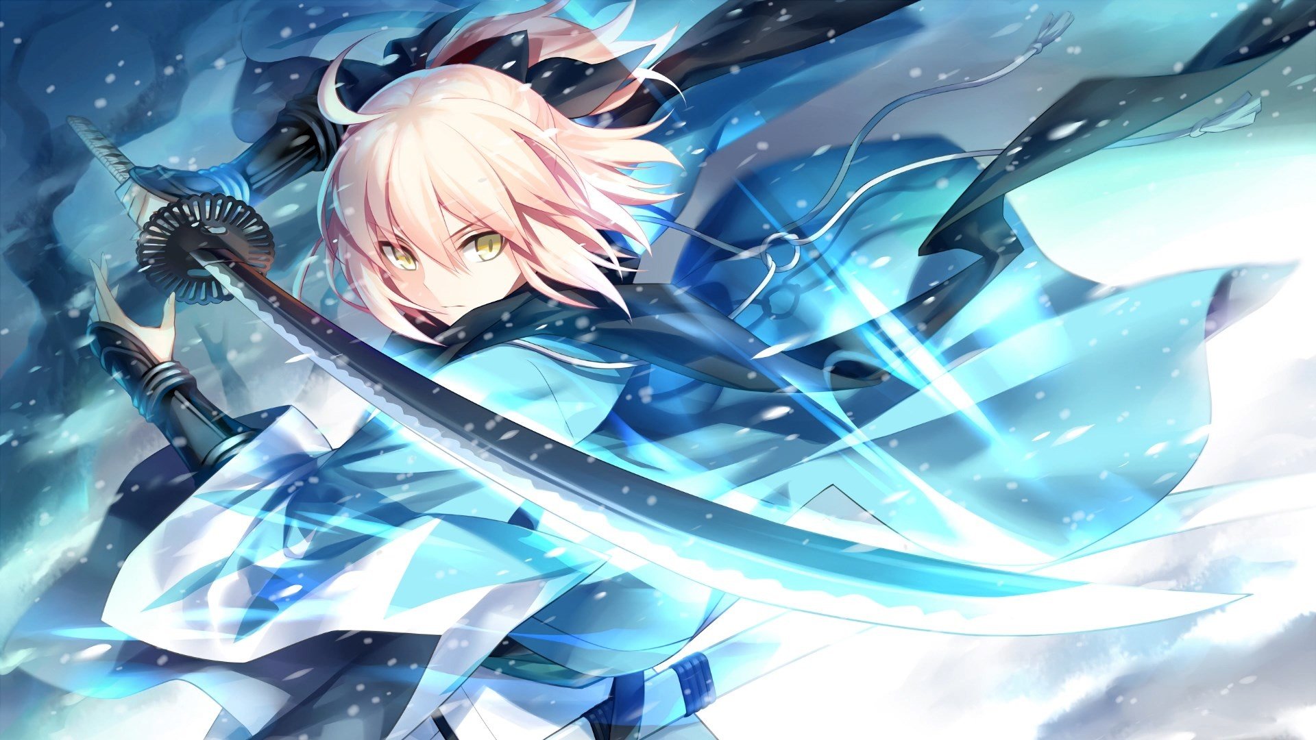 pink hair Anime girls Katana Sword Yellow eyes Snow 