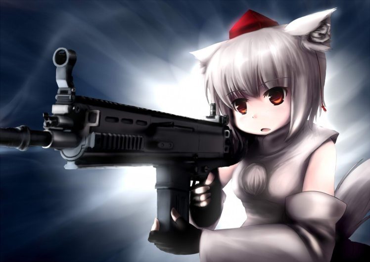 anime, Anime girls, Gun, Touhou, Animal ears, Inubashiri Momiji, Okamimimi HD Wallpaper Desktop Background