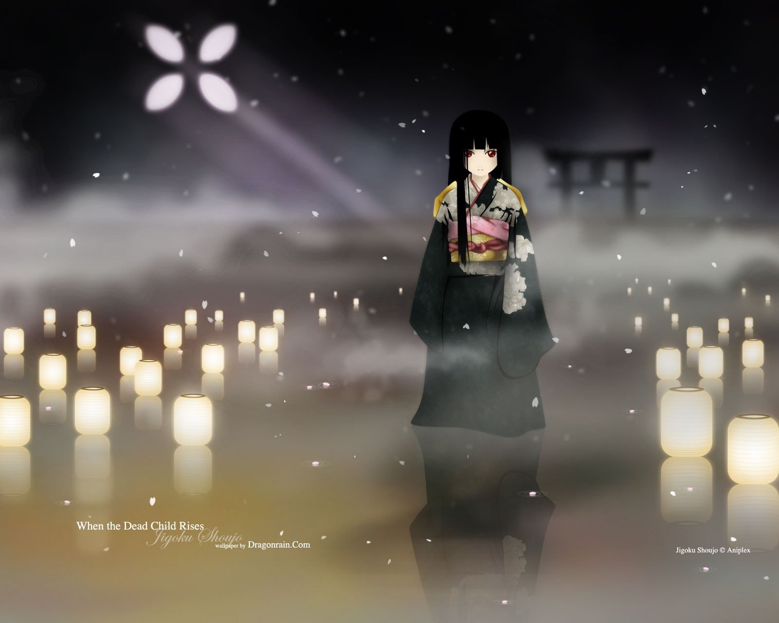 anime girls, Jigoku Shoujo, Kimono, Lantern, Night, Long hair Wallpaper