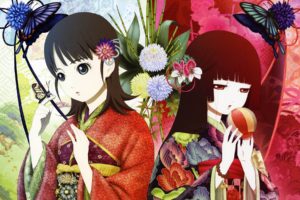 anime girls, Jigoku Shoujo, Butterfly, Flowers, Tsugumi Shibata, Flower in hair, Balloons