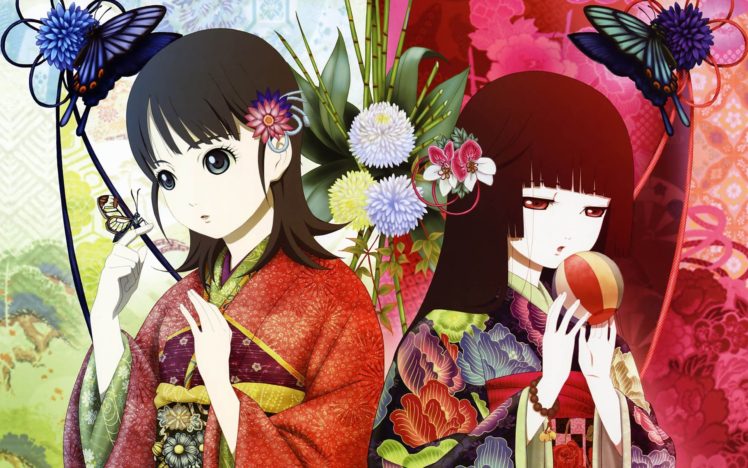 anime girls, Jigoku Shoujo, Butterfly, Flowers, Tsugumi Shibata, Flower in hair, Balloons HD Wallpaper Desktop Background
