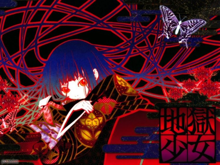 anime girls, Jigoku Shoujo, Butterfly, Logo, Kimono, Blue hair, Long hair, Red eyes HD Wallpaper Desktop Background