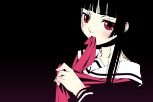anime girls, Jigoku Shoujo, Simple background, School uniform, Red eyes, Dark hair, Long hair