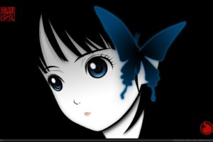 anime girls, Jigoku Shoujo, Simple background, Butterfly, Blue, Black, Blue eyes, Black hair