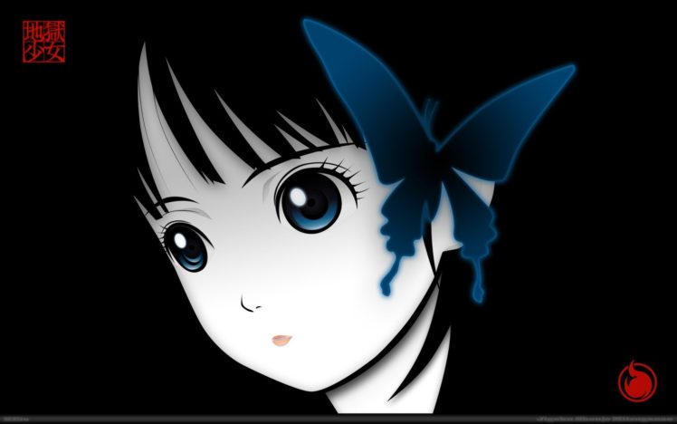 anime girls, Jigoku Shoujo, Simple background, Butterfly, Blue, Black, Blue eyes, Black hair HD Wallpaper Desktop Background