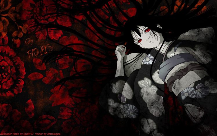 anime girls, Jigoku Shoujo, Flowers, Long hair, Dark hair, Red eyes HD Wallpaper Desktop Background