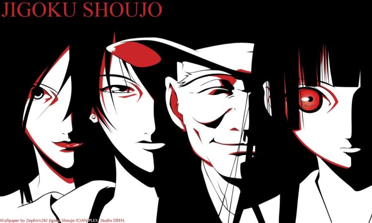anime girls, Jigoku Shoujo, Logo, Wanyudo, Ren Ichimoku, Hone Onna, Red eyes, Simple background HD Wallpaper Desktop Background