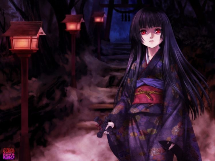 Enma Ai, Anime girls, Anime, Kimono, Night, Flowers, Long hair, Red eyes HD Wallpaper Desktop Background