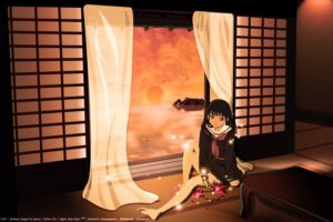 Enma Ai, Anime girls, Anime, Curtains, Flowers, Sunset, Door, Long hair, School uniform