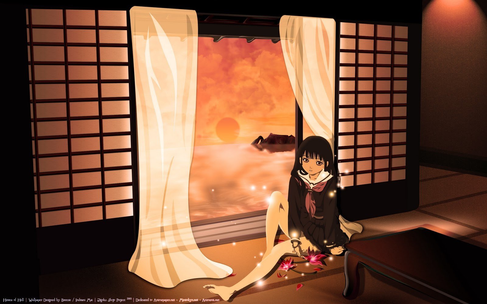 Enma Ai, Anime girls, Anime, Curtains, Flowers, Sunset, Door, Long hair, School uniform Wallpaper