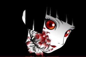Enma Ai, Anime girls, Anime, Jigoku Shoujo, Simple background, Red eyes, Dark hair, Flowers, Face