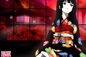 Enma Ai, Anime girls, Anime, Kimono, Flowers, Butterfly, Japanese Garden, Long hair, Logo