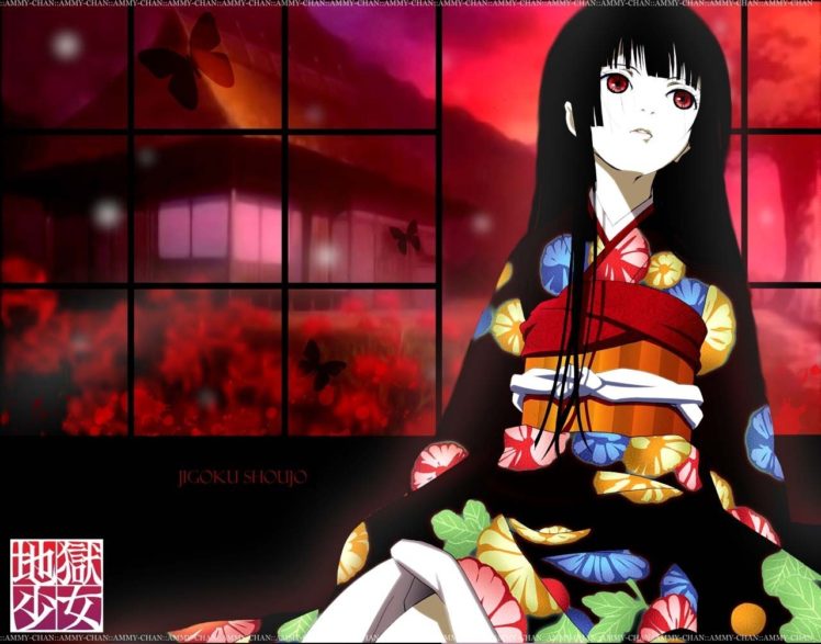 Enma Ai, Anime girls, Anime, Kimono, Flowers, Butterfly, Japanese Garden, Long hair, Logo HD Wallpaper Desktop Background