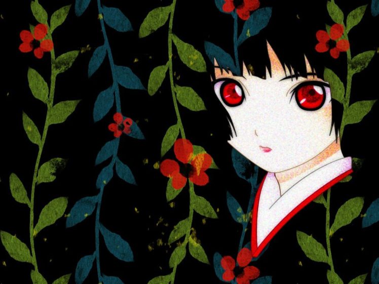 Enma Ai, Anime girls, Anime, Red eyes, Black hair, Flowers, Kimono HD Wallpaper Desktop Background