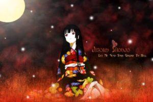 Enma Ai, Anime girls, Anime, Butterfly, Kimono, Snow, Long hair, Red eyes, Sunset, Red background, Logo