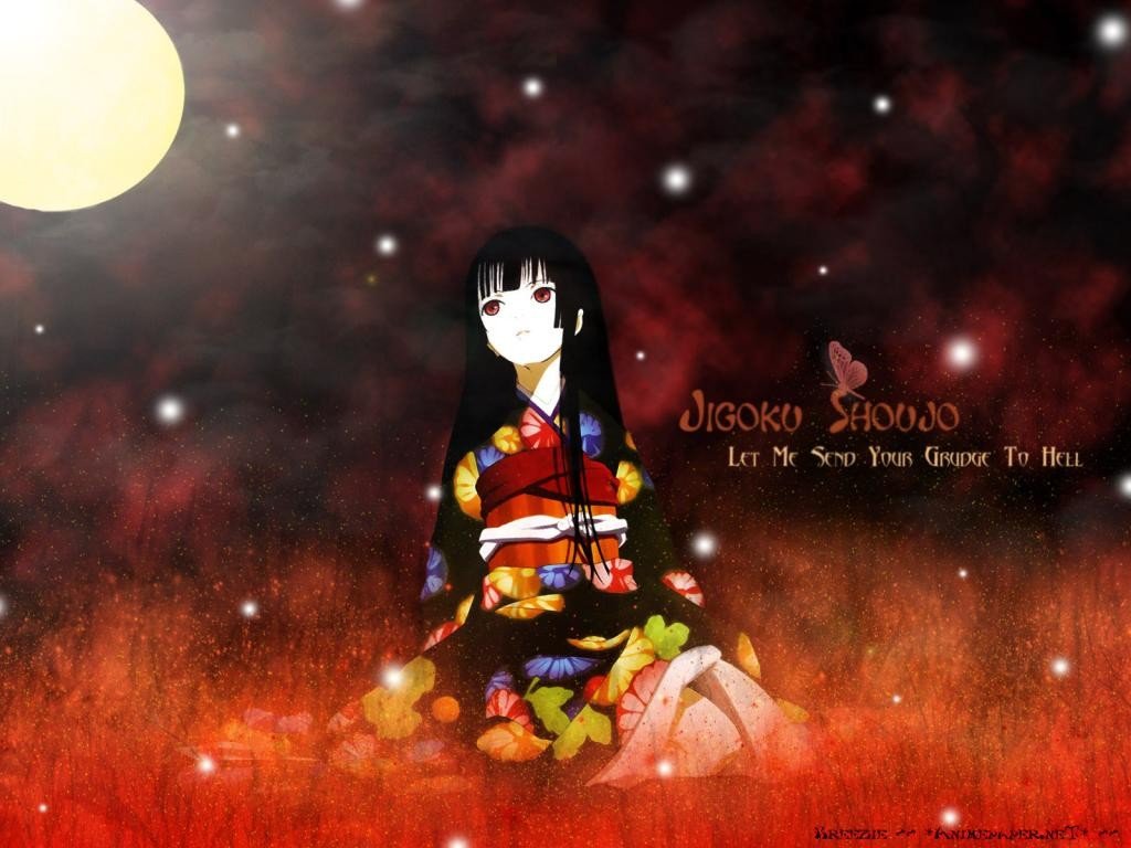 Enma Ai, Anime girls, Anime, Butterfly, Kimono, Snow, Long hair, Red eyes, Sunset, Red background, Logo Wallpaper