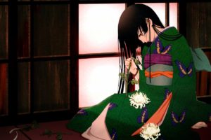 Enma Ai, Anime girls, Anime, Kimono, Butterfly, Flowers, Long hair, Green