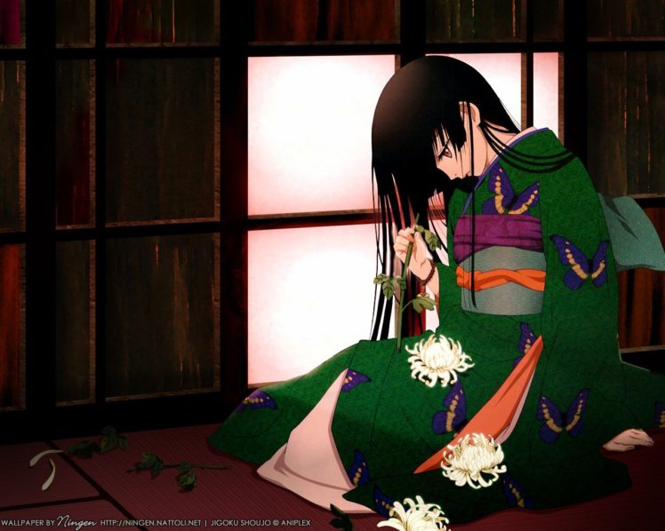 Enma Ai, Anime girls, Anime, Kimono, Butterfly, Flowers, Long hair, Green HD Wallpaper Desktop Background