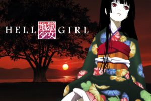 Enma Ai, Anime girls, Anime, Kimono, Sunset, Logo, Trees, Flowers, Red eyes