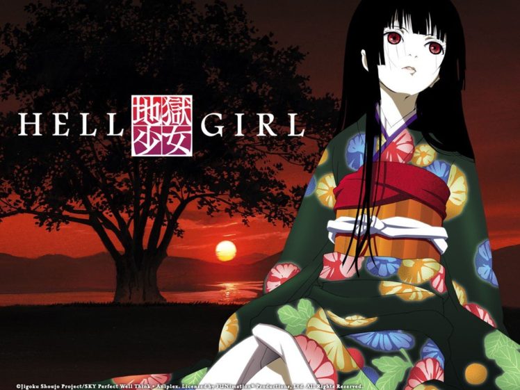 Enma Ai, Anime girls, Anime, Kimono, Sunset, Logo, Trees, Flowers, Red eyes HD Wallpaper Desktop Background