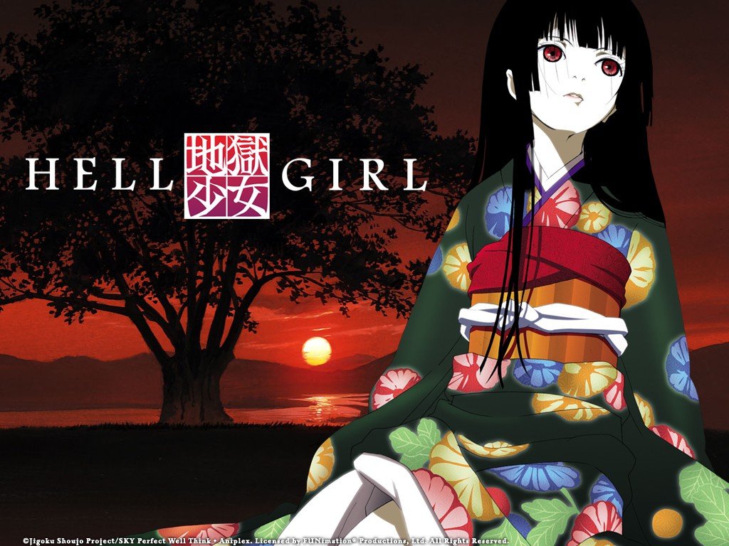 Enma Ai, Anime girls, Anime, Kimono, Sunset, Logo, Trees, Flowers, Red eyes Wallpaper