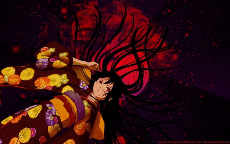 Enma Ai, Anime girls, Anime, Kimono, Logo, Long hair, Flowers, Night, Red eyes HD Wallpaper Desktop Background
