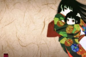 Enma Ai, Anime girls, Anime, Kimono, Children, Flowers, Simple background, Red eyes