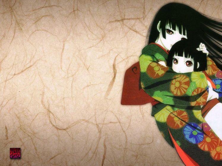 Enma Ai, Anime girls, Anime, Kimono, Children, Flowers, Simple background, Red eyes HD Wallpaper Desktop Background