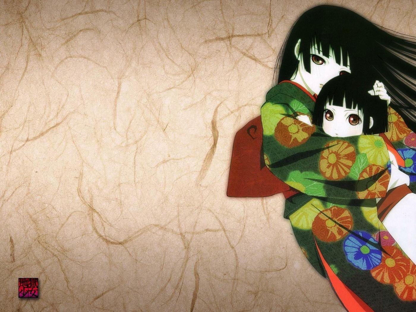 Enma Ai, Anime girls, Anime, Kimono, Children, Flowers, Simple background, Red eyes Wallpaper