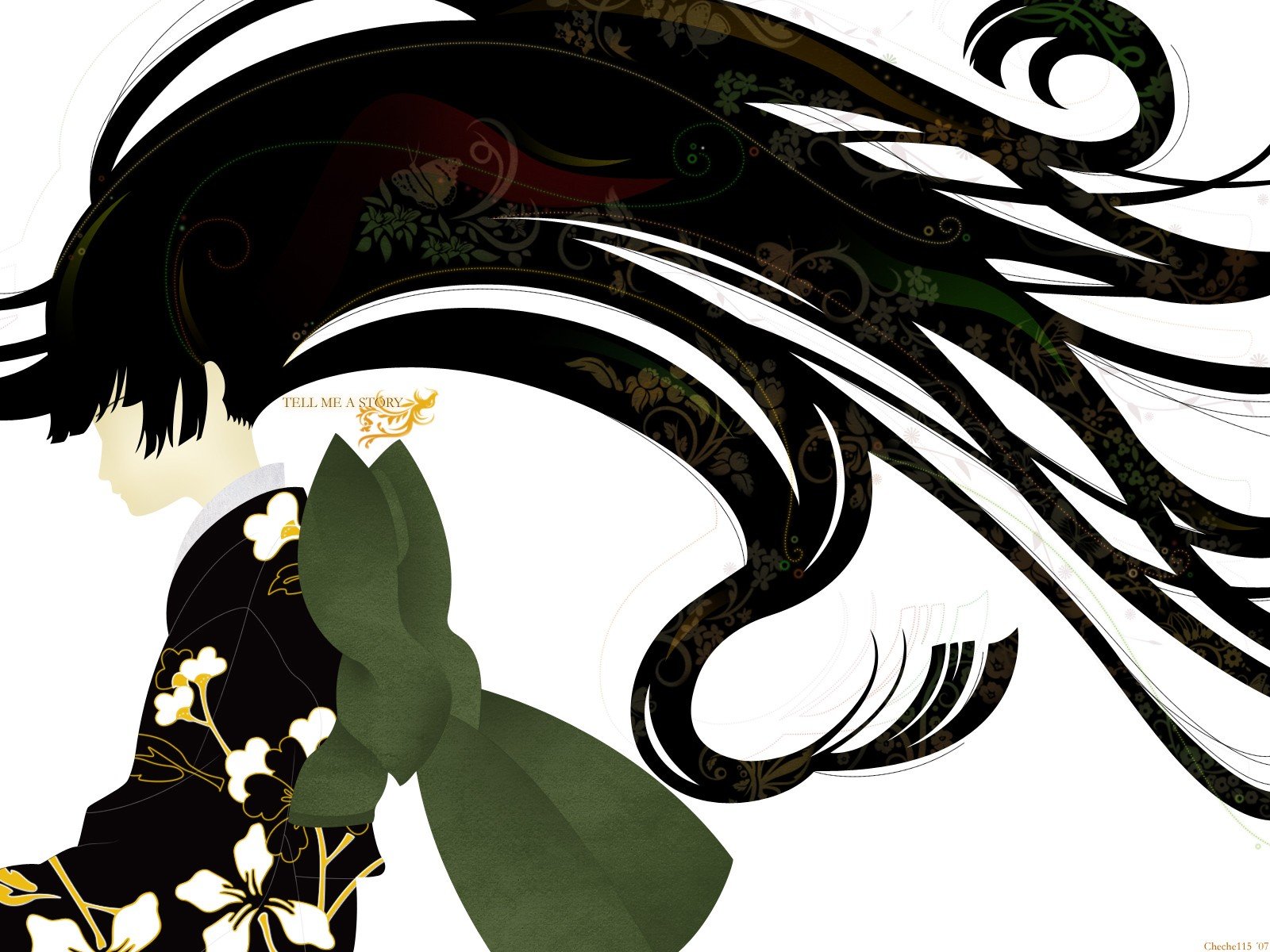 Enma Ai, Anime girls, Anime, Butterfly, Kimono, Simple background, Long hair, Black hair, White Wallpaper
